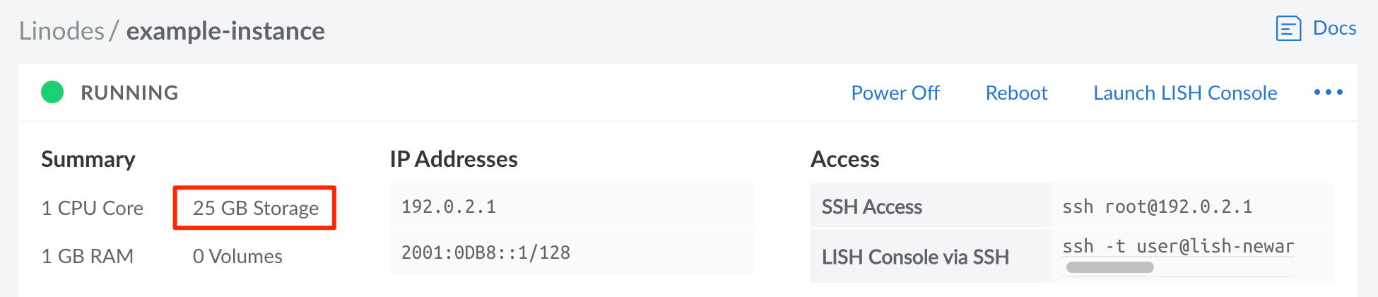 Screenshot of a Compute Instance’s total storage