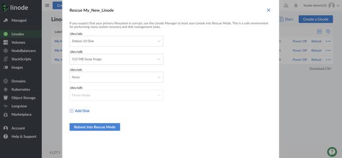 Cloud Manager Rescue form - /dev/sda highlighted